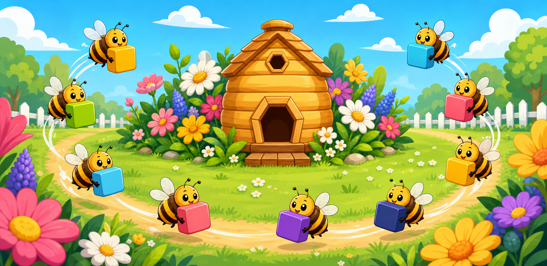 A bright garden hive surrounded by bees carrying colourful pollen blocks